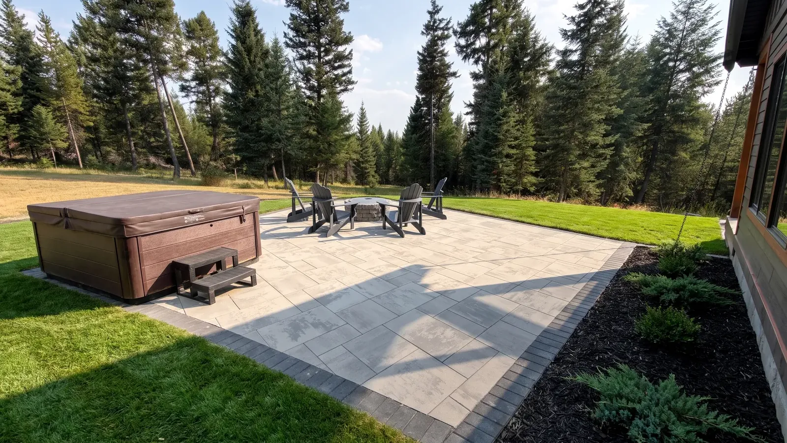 Large-format paver patio with hot tub in the Flathead Valley